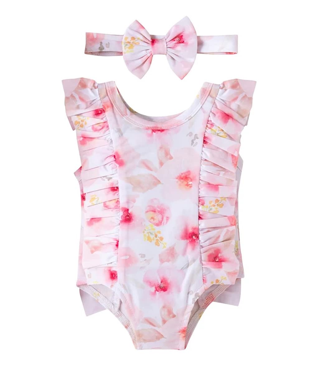 stylesilove Baby Toddler Girls Watercolor Floral Print Ruffled One-Piece Swimsuit & Headband Pink Bathing Suit Beach Swimwear