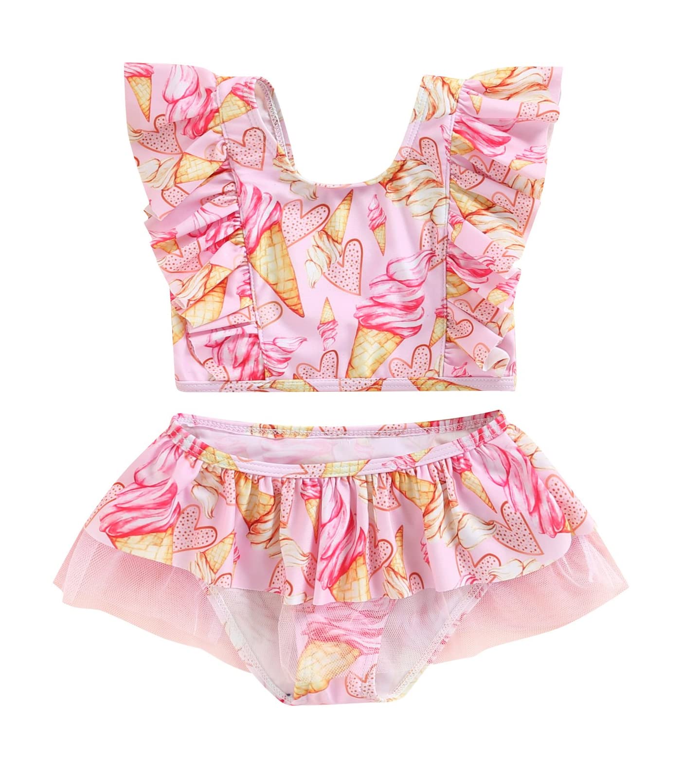 stylesilove Toddler Kid Girls Ice Cream Printed Ruffle 2pcs Bikini Set Flutter Tankini Swimsuit Bathing Suit Beach Swimwear