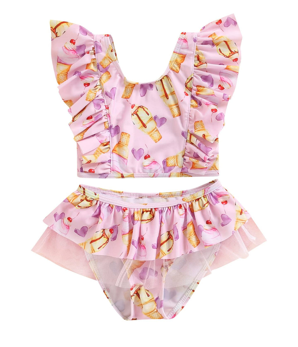 stylesilove Toddler Kid Girls Ice Cream Printed Ruffle 2pcs Bikini Set Flutter Tankini Swimsuit Bathing Suit Beach Swimwear