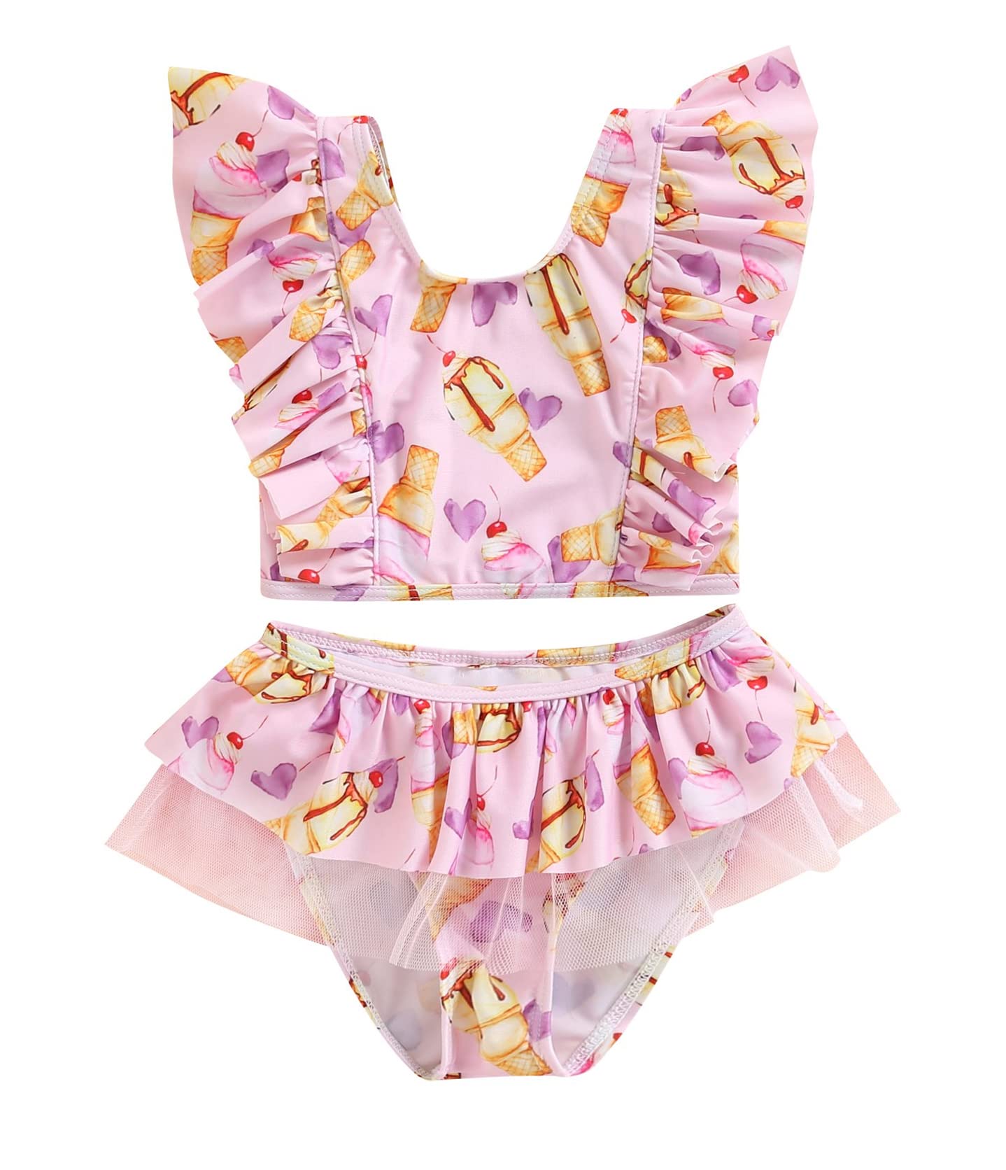 stylesilove Toddler Kid Girls Ice Cream Printed Ruffle 2pcs Bikini Set Flutter Tankini Swimsuit Bathing Suit Beach Swimwear