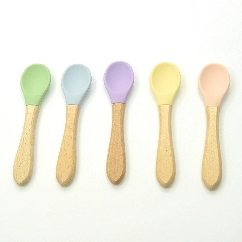 2PCS Bamboo Training Spoons Organic Soft Baby Feeding Silicone Tip Spoon Scoop Easy Grip Handle Toddlers Infant Gifts For Parents