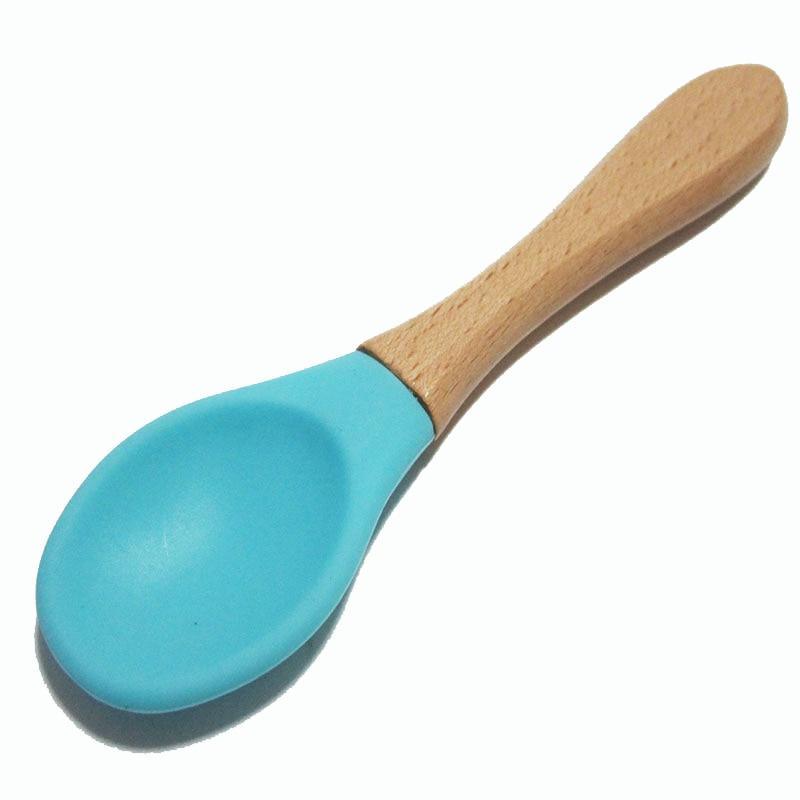 New Colors Baby Wooden Spoon Organic Silicone Tip Toddlers Infant Feeding Spoon Food Grade Material Soft Tableware