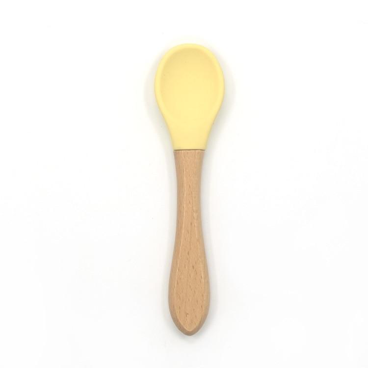 2PCS Bamboo Training Spoons Organic Soft Baby Feeding Silicone Tip Spoon Scoop Easy Grip Handle Toddlers Infant Gifts For Parents