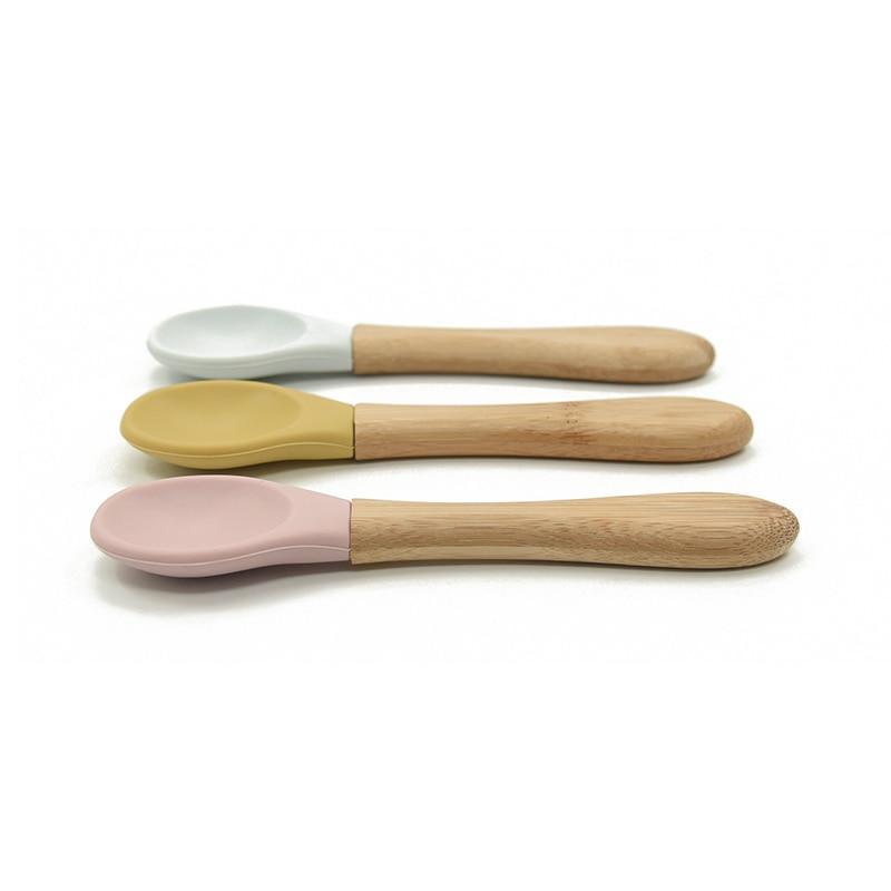 New Colors Baby Wooden Spoon Organic Silicone Tip Toddlers Infant Feeding Spoon Food Grade Material Soft Tableware