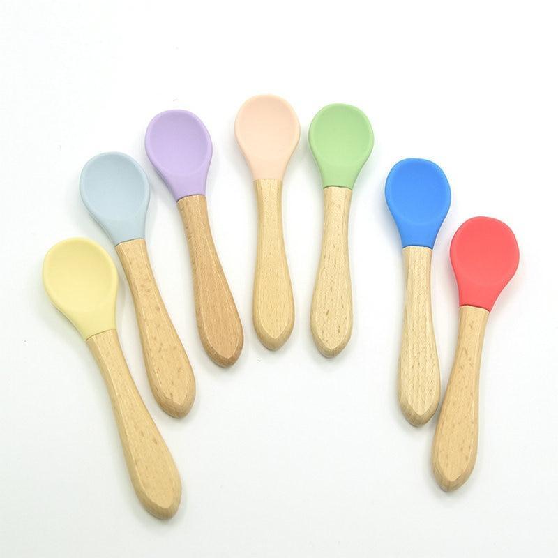2PCS Bamboo Training Spoons Organic Soft Baby Feeding Silicone Tip Spoon Scoop Easy Grip Handle Toddlers Infant Gifts For Parents