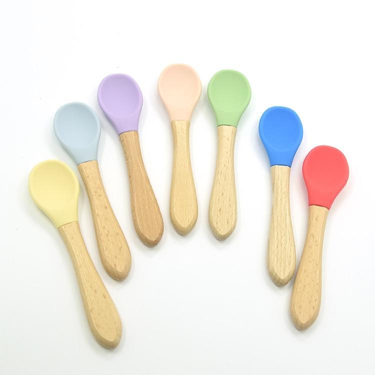 2PCS Bamboo Training Spoons Organic Soft Baby Feeding Silicone Tip Spoon Scoop Easy Grip Handle Toddlers Infant Gifts For Parents