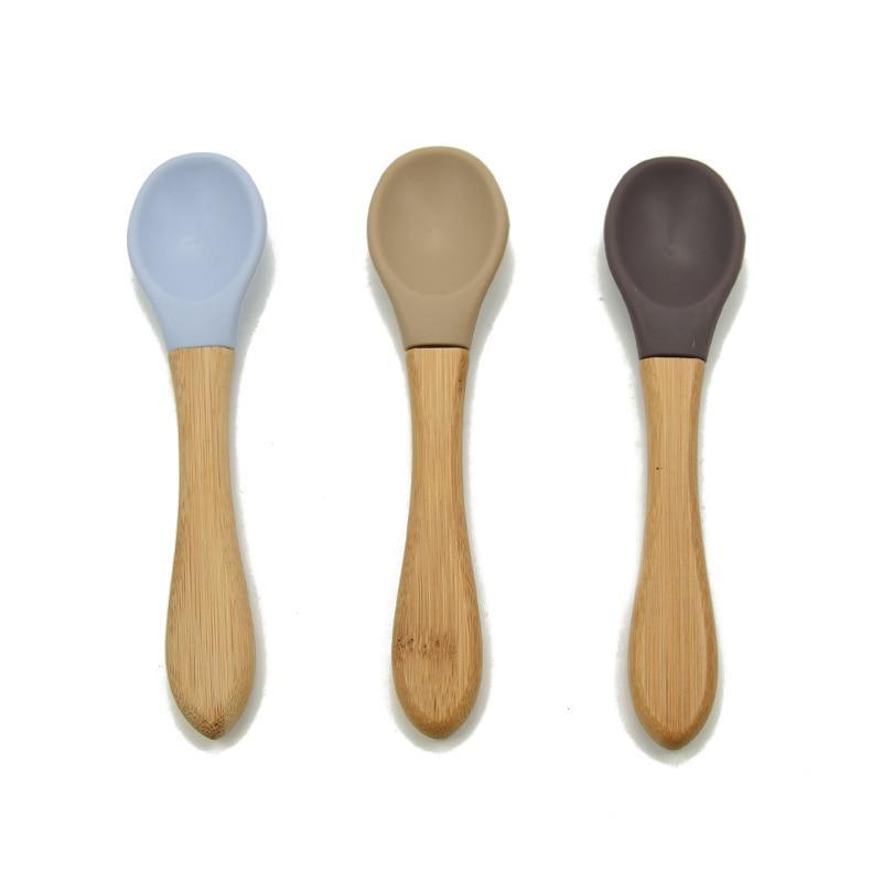 New Colors Baby Wooden Spoon Organic Silicone Tip Toddlers Infant Feeding Spoon Food Grade Material Soft Tableware