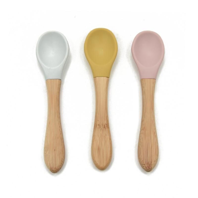 New Colors Baby Wooden Spoon Organic Silicone Tip Toddlers Infant Feeding Spoon Food Grade Material Soft Tableware