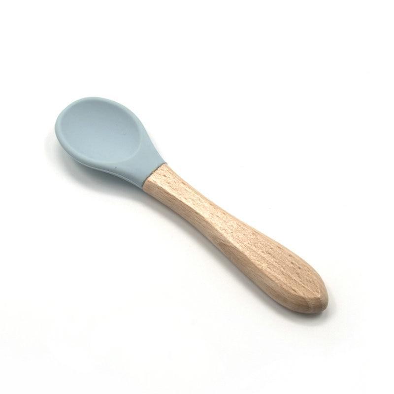 2PCS Bamboo Training Spoons Organic Soft Baby Feeding Silicone Tip Spoon Scoop Easy Grip Handle Toddlers Infant Gifts For Parents