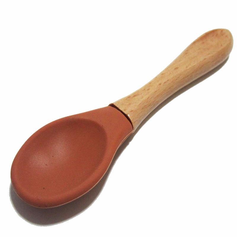 New Colors Baby Wooden Spoon Organic Silicone Tip Toddlers Infant Feeding Spoon Food Grade Material Soft Tableware