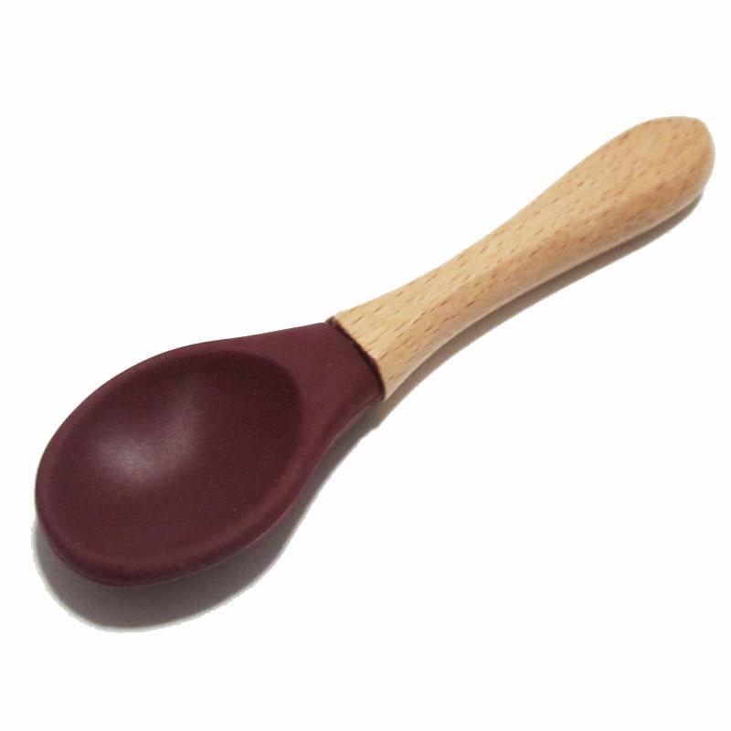 New Colors Baby Wooden Spoon Organic Silicone Tip Toddlers Infant Feeding Spoon Food Grade Material Soft Tableware