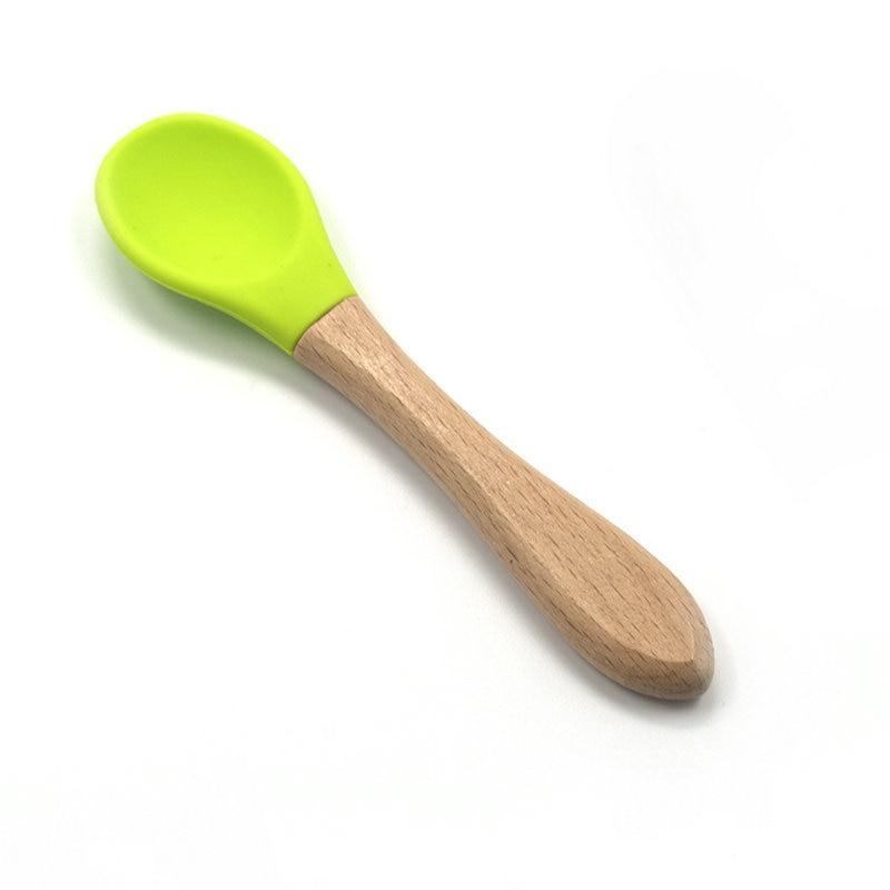 2PCS Bamboo Training Spoons Organic Soft Baby Feeding Silicone Tip Spoon Scoop Easy Grip Handle Toddlers Infant Gifts For Parents