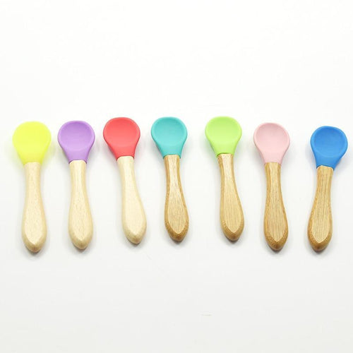 2PCS Bamboo Training Spoons Organic Soft Baby Feeding Silicone Tip Spoon Scoop Easy Grip Handle Toddlers Infant Gifts For Parents