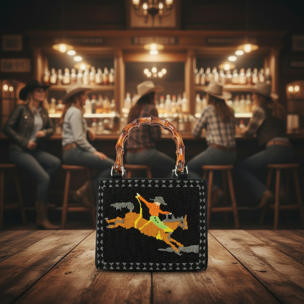 Myra Eight Seconds Western hand beaded bag in black with bamboo handle and horse embroidery