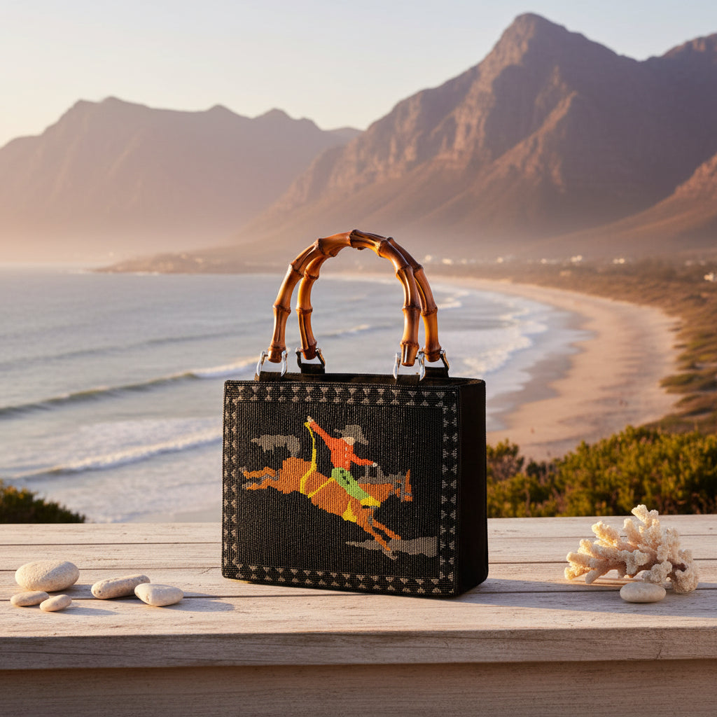 Myra Eight Seconds Western hand beaded bag in black with bamboo handle and horse embroidery
